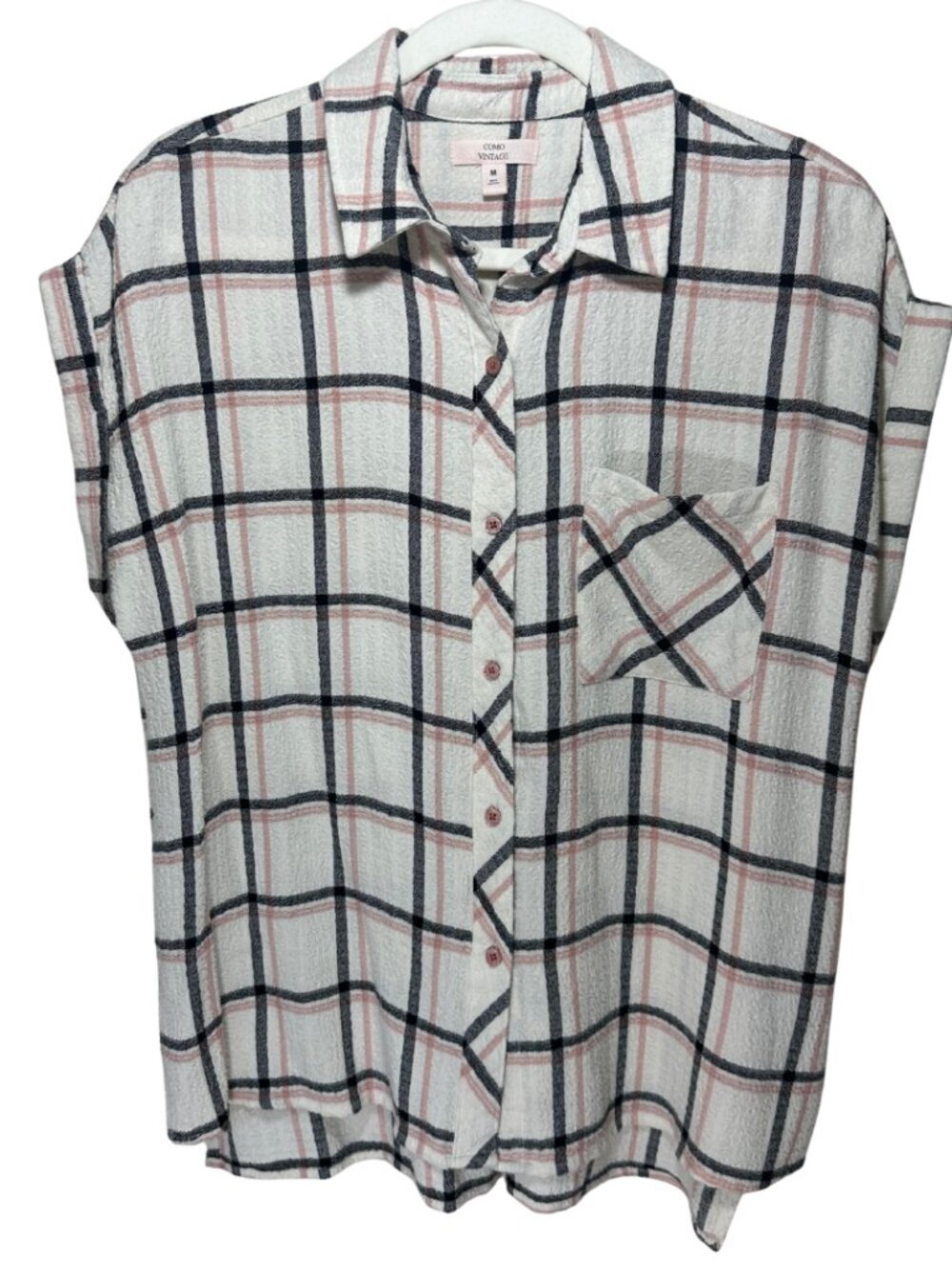 Plaid Button‑Up Short Sleeve Shirt Black Pink White — Size Medium